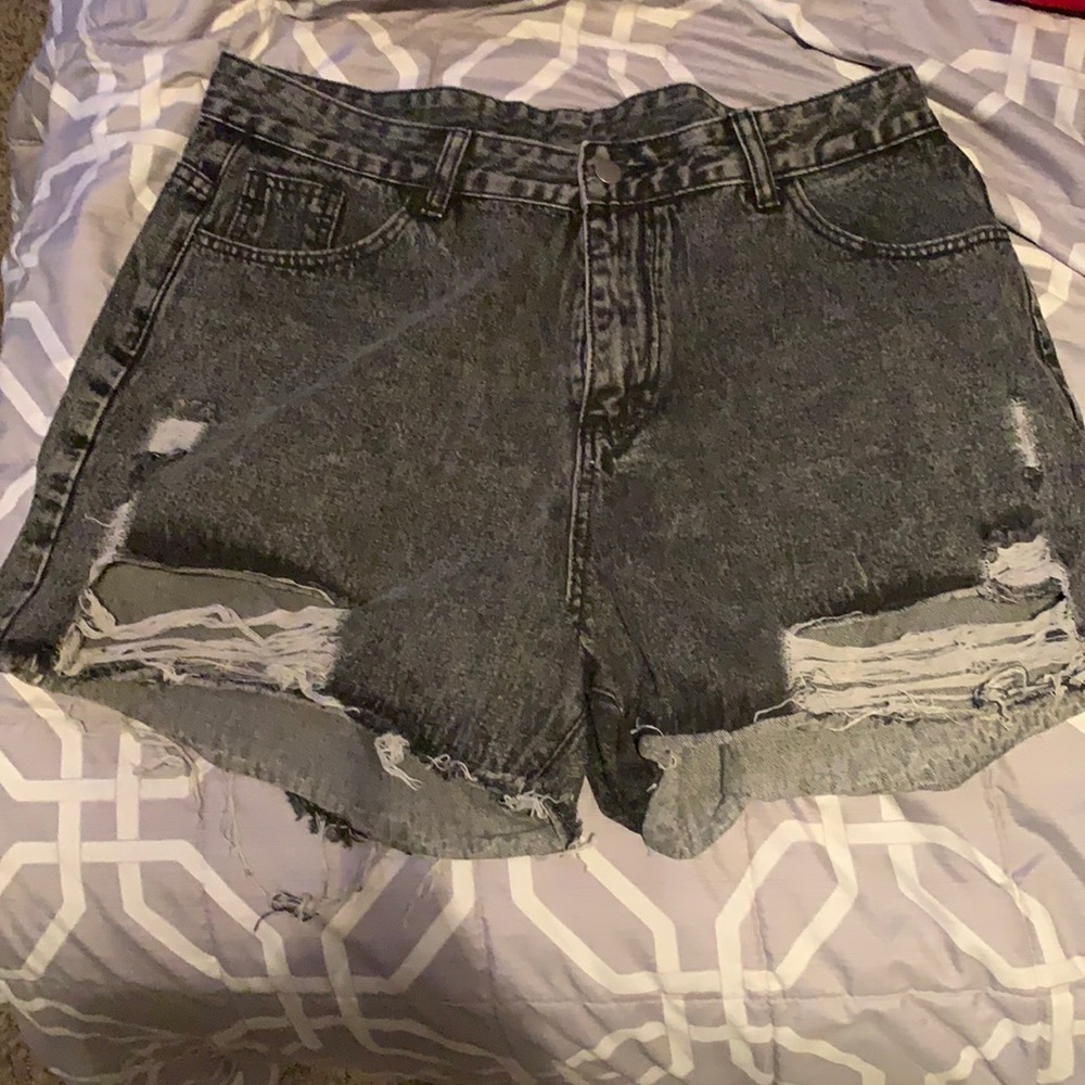 Black ripped denim shorts